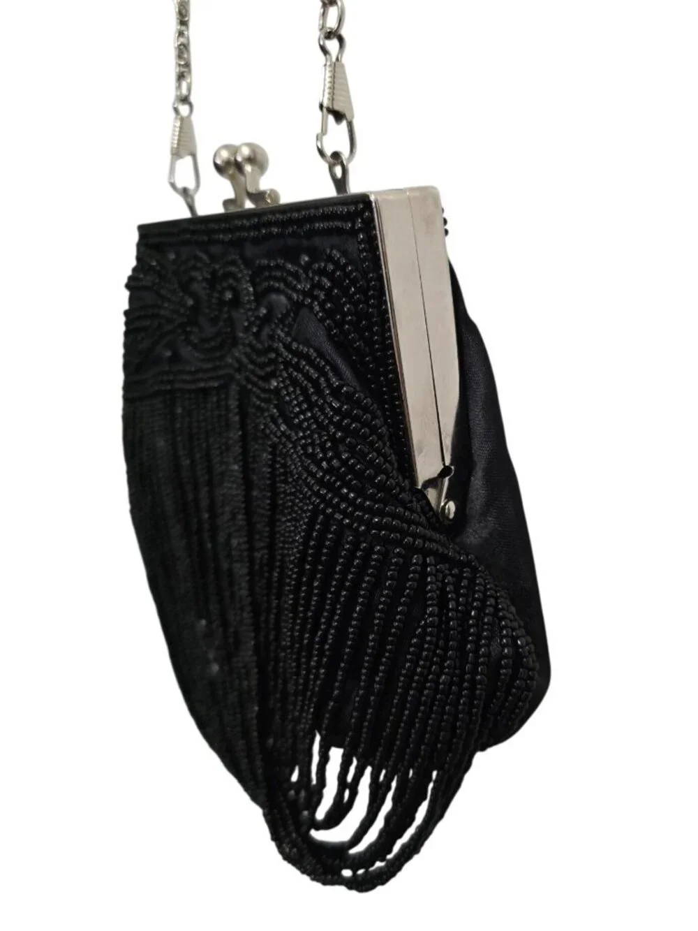 Vintage Bijoux Terner Kiss Lock Beaded Black Evening Clutch Purse Chain 5